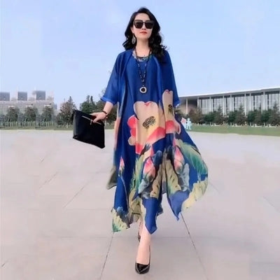 Spring Summer Suit Dresses Female Fashion Loose Oversize 5XL Printed Tops + Dress Womens Short-Sleeved Two-Piece Suit Lady