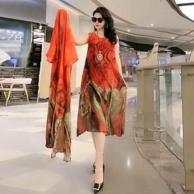 Spring Summer Suit Dresses Female Fashion Loose Oversize 5XL Printed Tops + Dress Womens Short-Sleeved Two-Piece Suit Lady