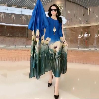 Spring Summer Suit Dresses Female Fashion Loose Oversize 5XL Printed Tops + Dress Womens Short-Sleeved Two-Piece Suit Lady