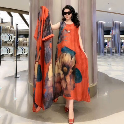 Spring Summer Suit Dresses Female Fashion Loose Oversize 5XL Printed Tops + Dress Womens Short-Sleeved Two-Piece Suit Lady