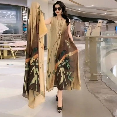 Spring Summer Suit Dresses Female Fashion Loose Oversize 5XL Printed Tops + Dress Womens Short-Sleeved Two-Piece Suit Lady