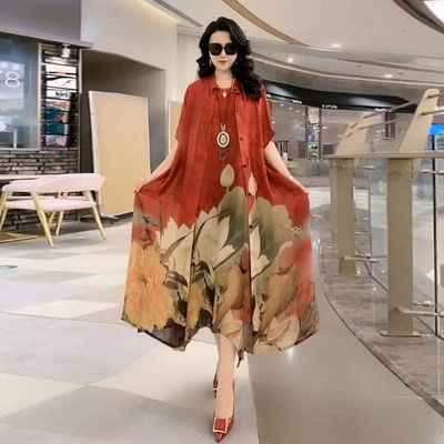 Spring Summer Suit Dresses Female Fashion Loose Oversize 5XL Printed Tops + Dress Womens Short-Sleeved Two-Piece Suit Lady