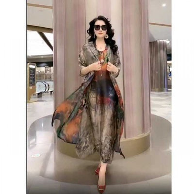 Spring Summer Suit Dresses Female Fashion Loose Oversize 5XL Printed Tops + Dress Womens Short-Sleeved Two-Piece Suit Lady