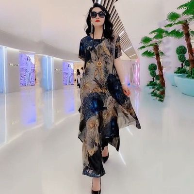 Spring Summer Suit Dresses Female Fashion Loose Oversize 5XL Printed Tops + Dress Womens Short-Sleeved Two-Piece Suit Lady