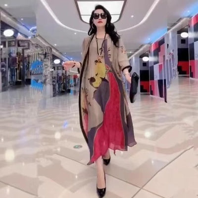 Spring Summer Suit Dresses Female Fashion Loose Oversize 5XL Printed Tops + Dress Womens Short-Sleeved Two-Piece Suit Lady