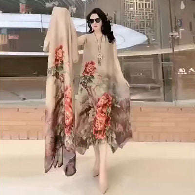 Spring Summer Suit Dresses Female Fashion Loose Oversize 5XL Printed Tops + Dress Womens Short-Sleeved Two-Piece Suit Lady