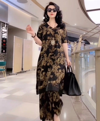 Spring Summer Suit Dresses Female Fashion Loose Oversize 5XL Printed Tops + Dress Womens Short-Sleeved Two-Piece Suit Lady