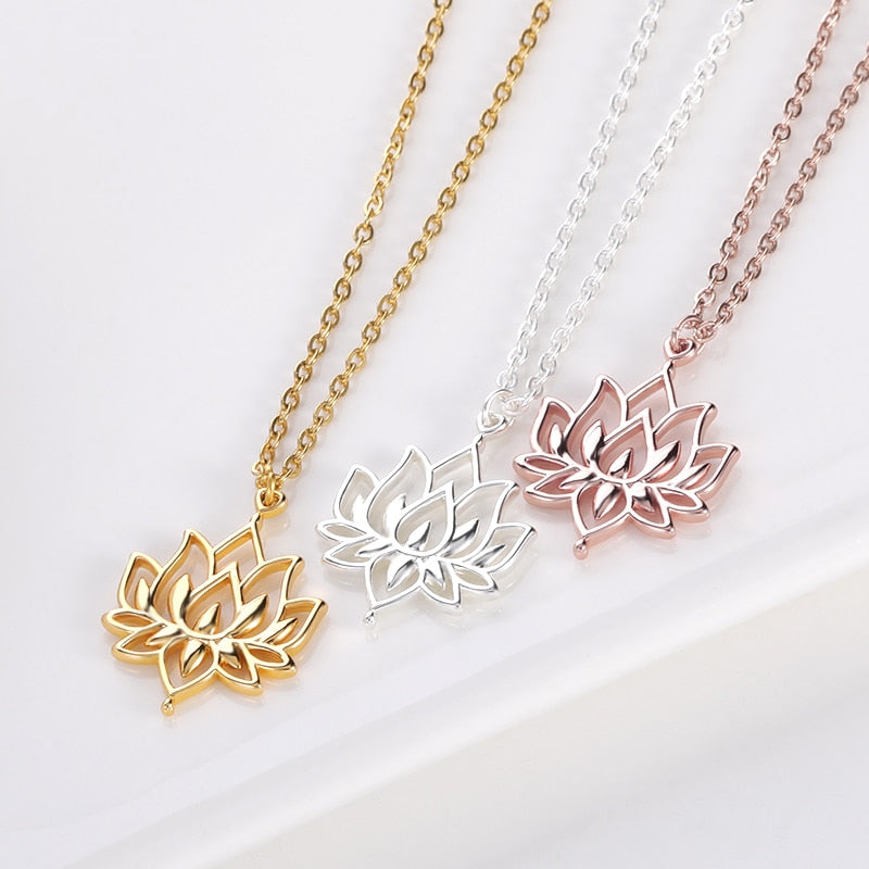 Women Fashion Lotus Flower Shaped Pendant Necklace For Female  Yoga Prayer Buddhism Boho Jewelry Statement Necklace Accessories