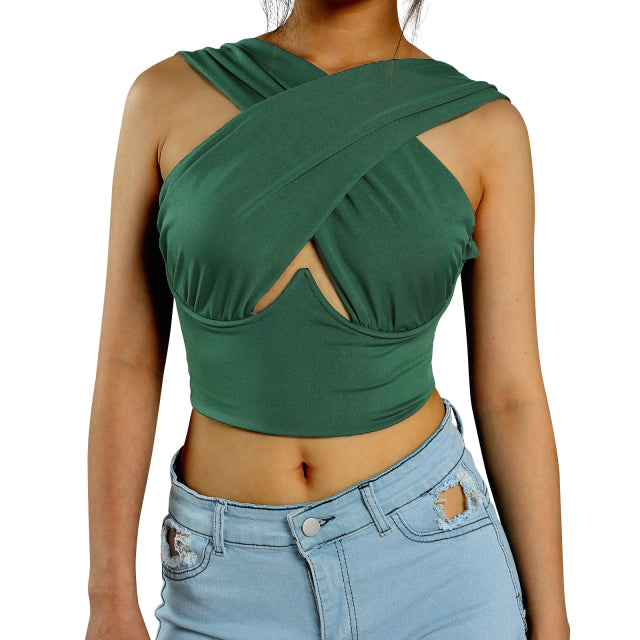 Womens Criss Cross Tank Tops Sexy Sleeveless Solid Color Cutout Front Crop Tops Party Club Streetwear Summer Lady Bustier Tops