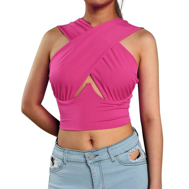 Womens Criss Cross Tank Tops Sexy Sleeveless Solid Color Cutout Front Crop Tops Party Club Streetwear Summer Lady Bustier Tops