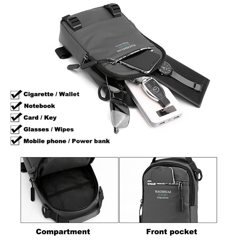 MANET Mens USB Charging Chest Bag Large Capacity Outdoor Shoulder Crossbody Bags Waterproof Backpack Male Sports Shoulder Bag