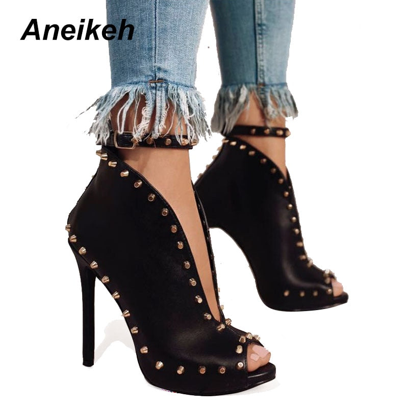 NEW Autumn Women Shoes 2022 Peep Toe Pumps High Heels Womens Shoes Ankle Boots Rivets Buckle Motorcycle Womens Pumps Aneikeh