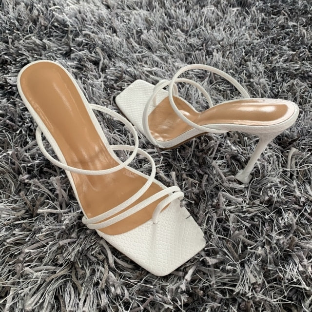 2022 Summer Pumps Sexy snake print Slippers Sandals Shoes Women Thin High Heels Square Toe Sandal Lady Pump Shoes Mules