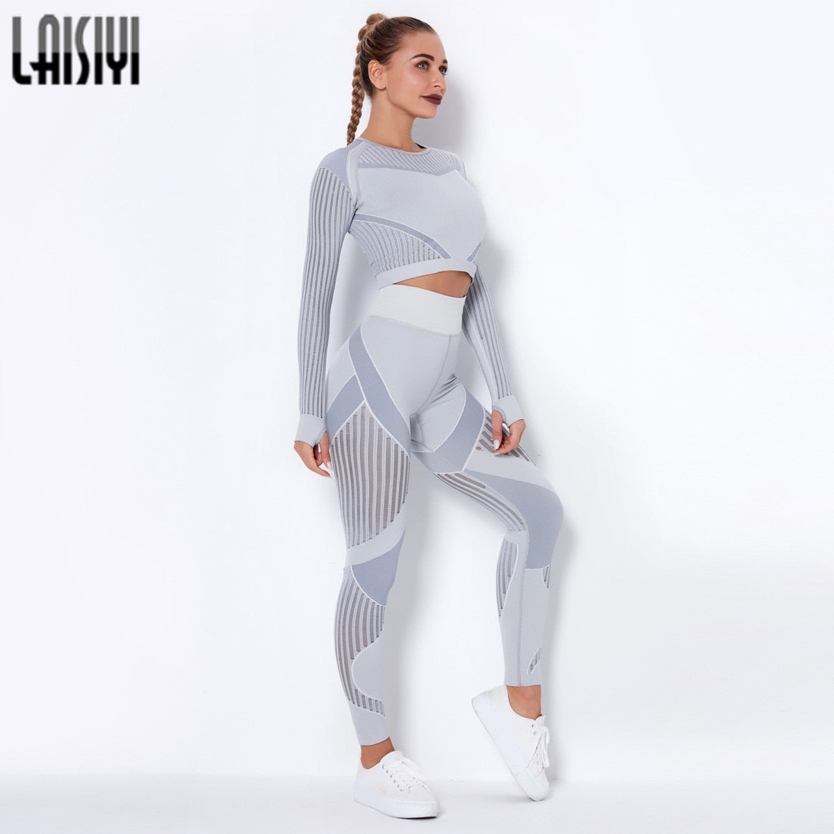 Women Seamless Gym Sets High Waist Gym Mesh Leggings Shirts Suit Long Sleeve Fitness Workout Sports Running Thin Sport Sets