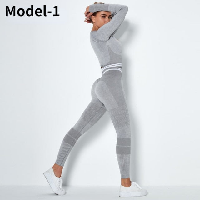 Women Seamless Gym Sets High Waist Gym Mesh Leggings Shirts Suit Long Sleeve Fitness Workout Sports Running Thin Sport Sets