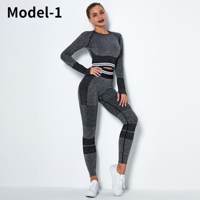 Women Seamless Gym Sets High Waist Gym Mesh Leggings Shirts Suit Long Sleeve Fitness Workout Sports Running Thin Sport Sets