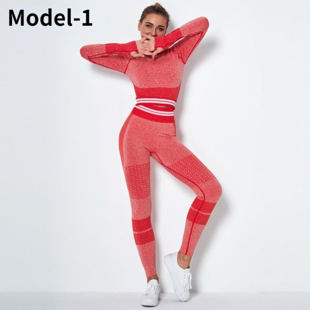 Women Seamless Gym Sets High Waist Gym Mesh Leggings Shirts Suit Long Sleeve Fitness Workout Sports Running Thin Sport Sets