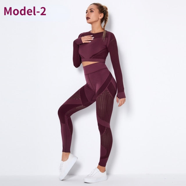 Women Seamless Gym Sets High Waist Gym Mesh Leggings Shirts Suit Long Sleeve Fitness Workout Sports Running Thin Sport Sets