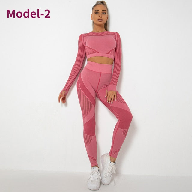 Women Seamless Gym Sets High Waist Gym Mesh Leggings Shirts Suit Long Sleeve Fitness Workout Sports Running Thin Sport Sets