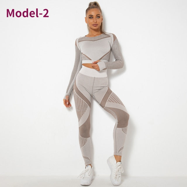 Women Seamless Gym Sets High Waist Gym Mesh Leggings Shirts Suit Long Sleeve Fitness Workout Sports Running Thin Sport Sets