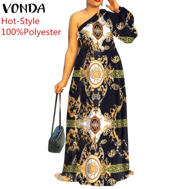 Plus Size Holiday One Shoulder Sundress Women Maxi Dress 2021 VONDA Long Sleeve Floral Printed Pleated Long Dress Casual Vestido