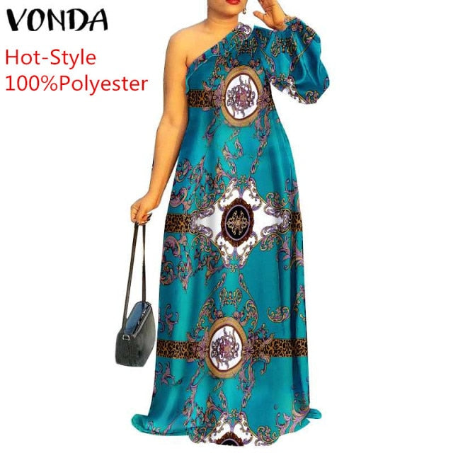 Plus Size Holiday One Shoulder Sundress Women Maxi Dress 2021 VONDA Long Sleeve Floral Printed Pleated Long Dress Casual Vestido