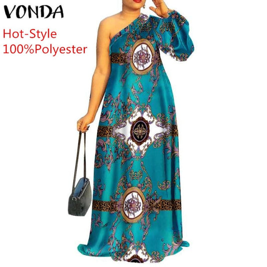 Plus Size Holiday One Shoulder Sundress Women Maxi Dress 2021 VONDA Long Sleeve Floral Printed Pleated Long Dress Casual Vestido