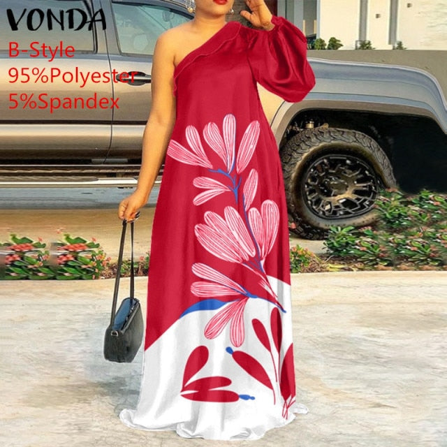 Plus Size Holiday One Shoulder Sundress Women Maxi Dress 2021 VONDA Long Sleeve Floral Printed Pleated Long Dress Casual Vestido