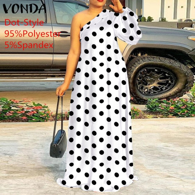 Plus Size Holiday One Shoulder Sundress Women Maxi Dress 2021 VONDA Long Sleeve Floral Printed Pleated Long Dress Casual Vestido