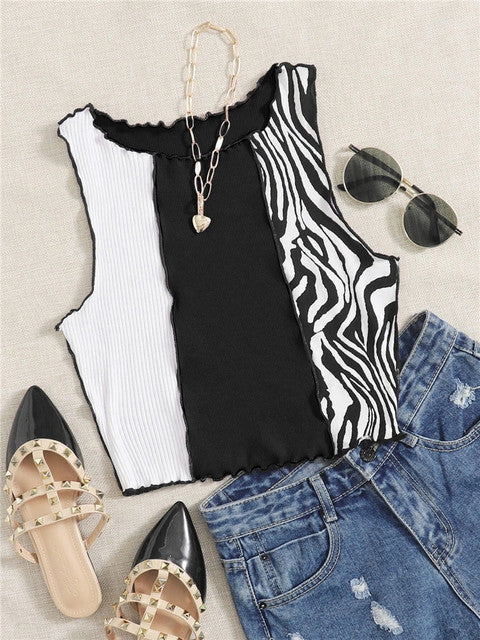 Zebra Stripe Graphic Patchwork Rib Knit Ruched Crop Vest Women Y2K Clothes Summer Harajuku Sleeveless Tank Tops Streetwear 2022