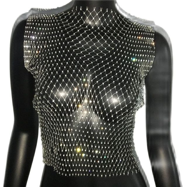 FestivalQueen Sexy Diamonds Mesh Cropped Tank Top Women Summer Cover Up Bikini See Through Rhinestone Net Party Club Crop Top