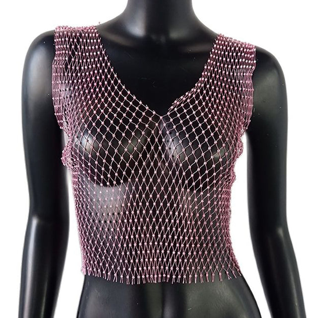 FestivalQueen Sexy Diamonds Mesh Cropped Tank Top Women Summer Cover Up Bikini See Through Rhinestone Net Party Club Crop Top